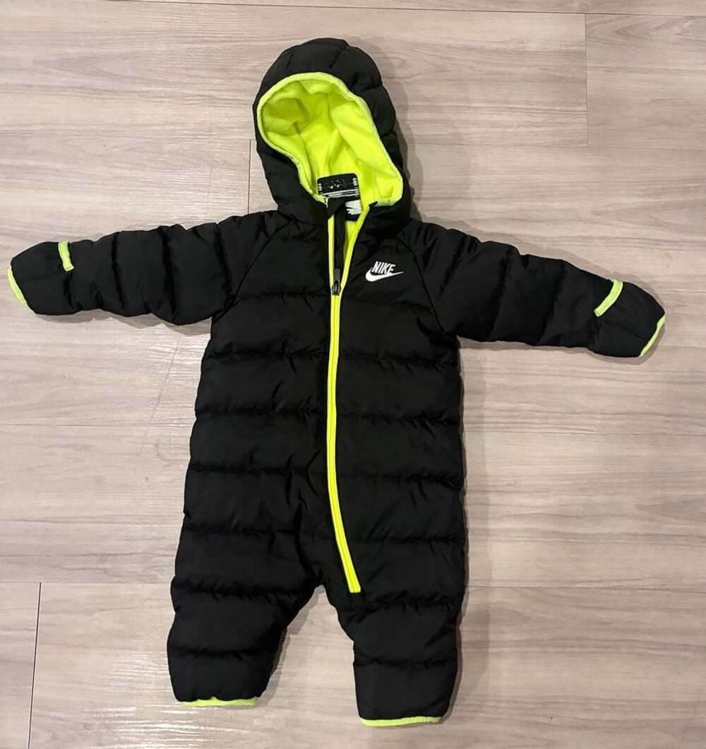 Nike Puffer Snowsuit Size 6M Black Green Fleece Hooded Coverall